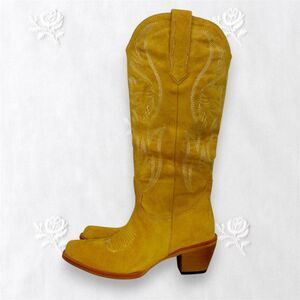 NEW Mustard Yellow Faux Suede Flame Stitched Western Cowgirl Boots US 6